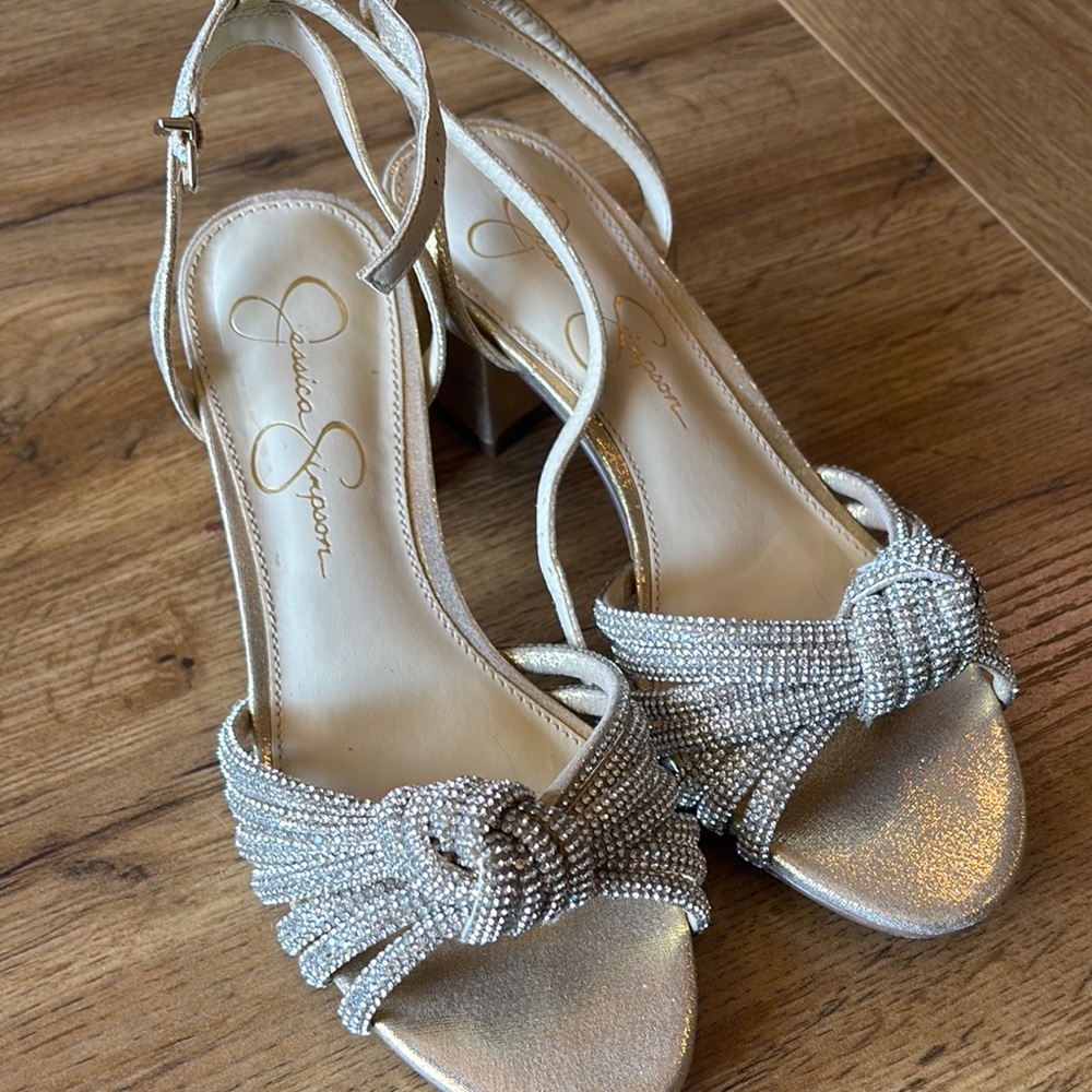 Jessica Simpson Silver Heels with Rhinestone Embellishments